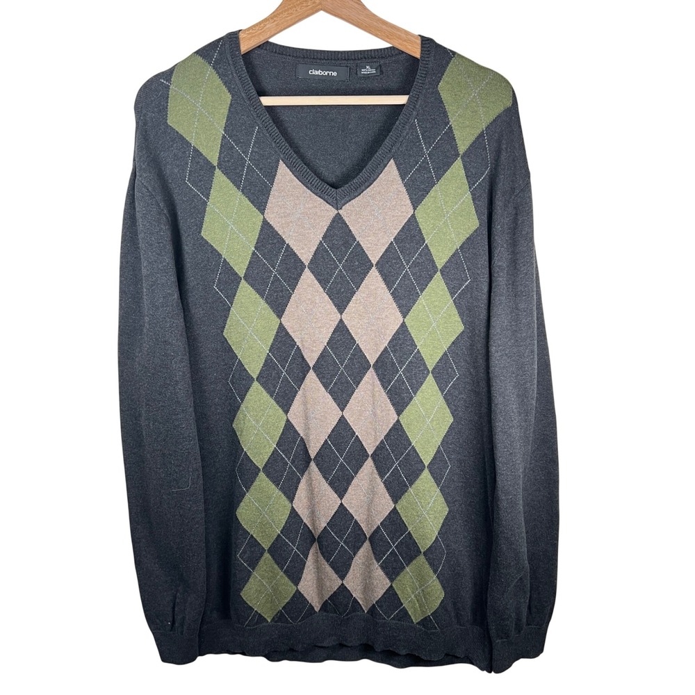 Claiborne Mens Gray Argyle V Neck Long Sleeve Sweater Size XL 100% Cotton Y2K